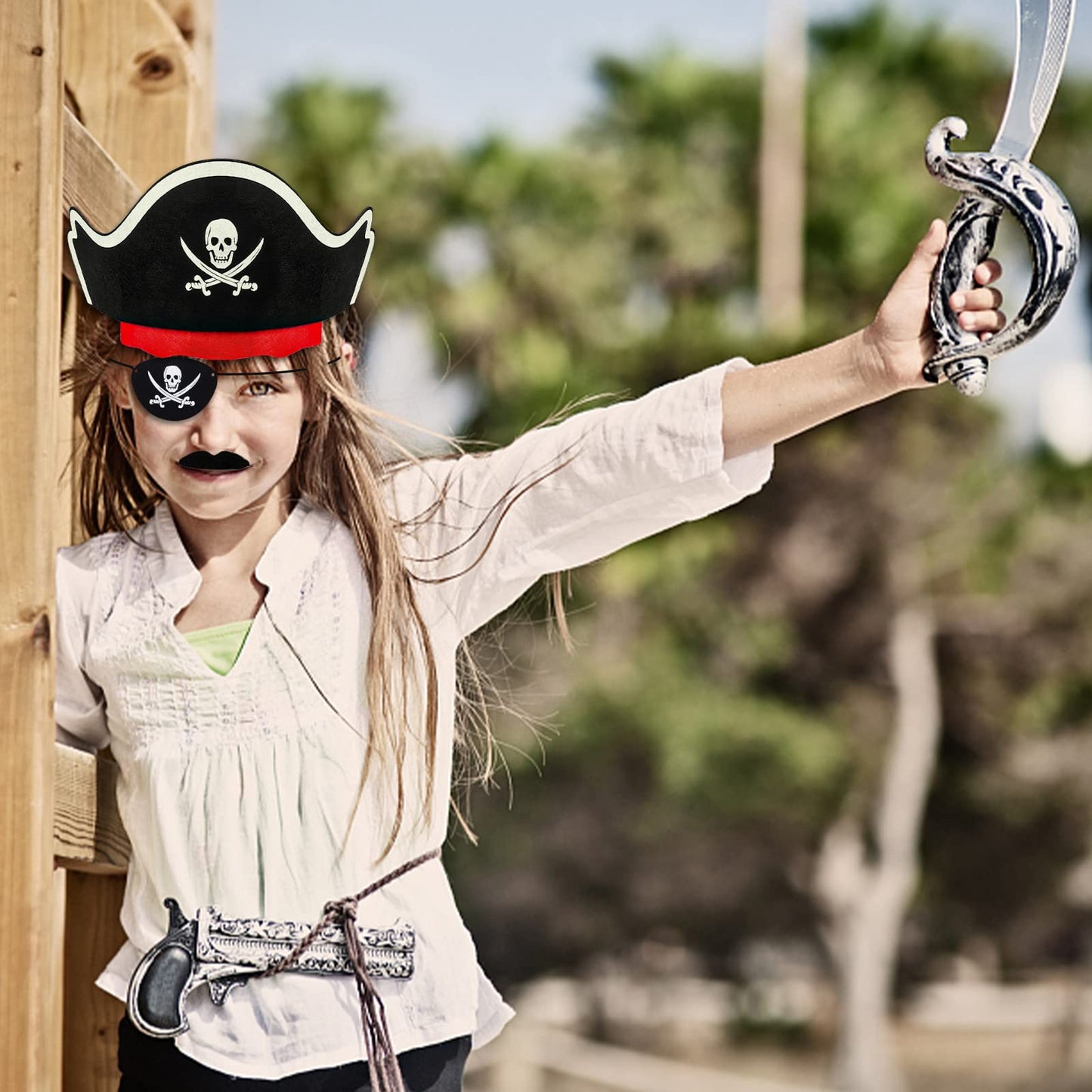CHRIMISS Pirate Hat Set with Pirate Eye Patch, Mustache, Temporary Tattoos, 48PCs for Kid Birthday, Halloween Costume Accessories, Party Favors & Goodie Bag Fillers