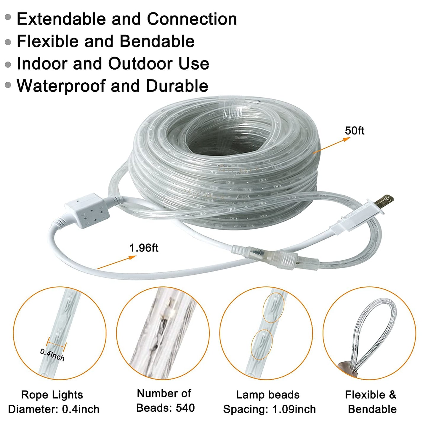 SURNIE Rope Lights Outdoor Waterproof Daylight White: LED 50FT Cuttable Outside Bright 110V Lighting Connectable Flexible Plug Cool Clear Tube, Indoor Deck Patio Xmas Camping Decor, Not Flat Strip