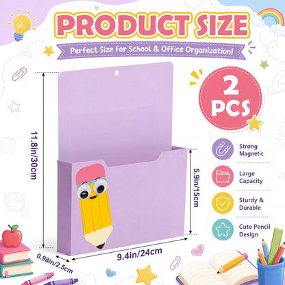 Gilprop 2 Pcs Pencil Pink Magnetic File Folder Holder Pocket File Organizer Classroom Decor Teacher Desk Accessories for Whiteboard Mail Paper Book No Drilling School Desk Door Classroom Essential