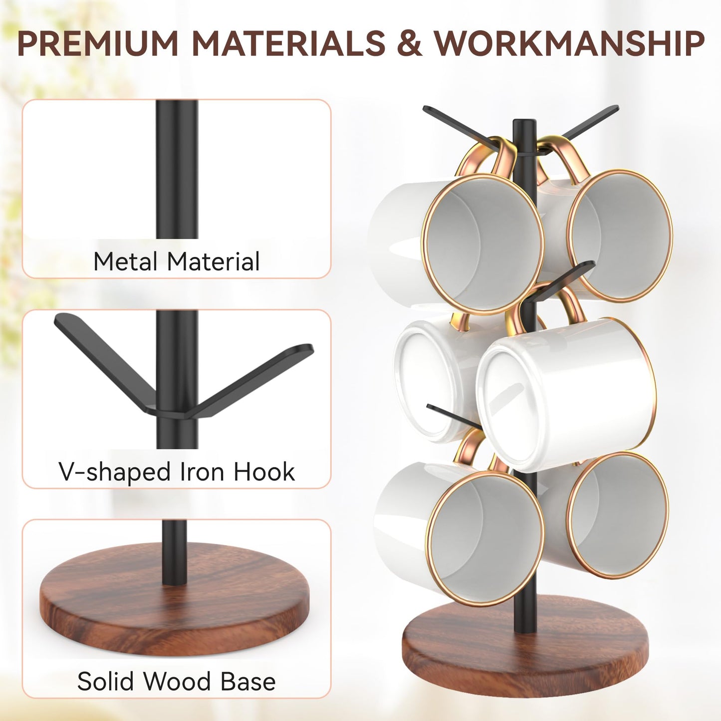 Aomomery Coffee Mug Tree Holder Countertop, Non-Slip Walnut Wood Mug Rack with 6 Hooks, Coffee Cup Rack for Home Storage and Organizer (Brown)