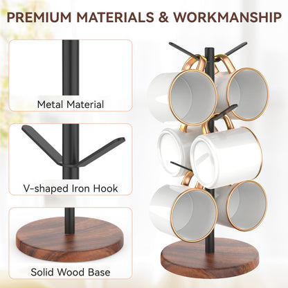 Aomomery Coffee Mug Tree Holder Countertop, Non-Slip Walnut Wood Mug Rack with 6 Hooks, Coffee Cup Rack for Home Storage and Organizer (Brown)