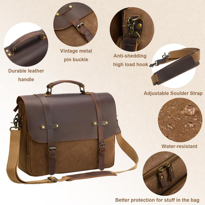 Men's Messenger Bag Waxed Canvas Briefcase 16 Inch, Coffee