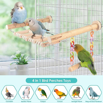 DBNESS Bird Perches Ladder with Swing, Natural Wood Parrot Climbing Bridge Perch Toys, Exercise Play Stand Parakeet Cage Accessories for Budgie Cockatiel Green-Cheeked Conure Caique