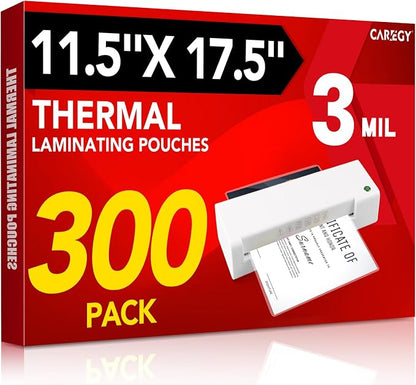 CAREGY 300 Pack Laminating Sheets, Hold 11 x 17 Inch Sheet, 3 Mil Clear Thermal Laminating Pouches 11.5 x 17.5 Inch Lamination Sheet Paper for Laminator, Round Corner