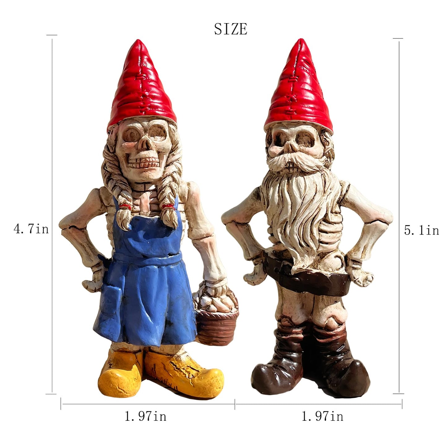 JARPSIRY 2PCS Male and Female Halloween Skeleton Gnome Couple Garden Statue Zombie Gnome Sculptures Resin Dwarf Figurines for Indoor Home Ornaments Outdoor Patio Yard Lawn Porch Decor
