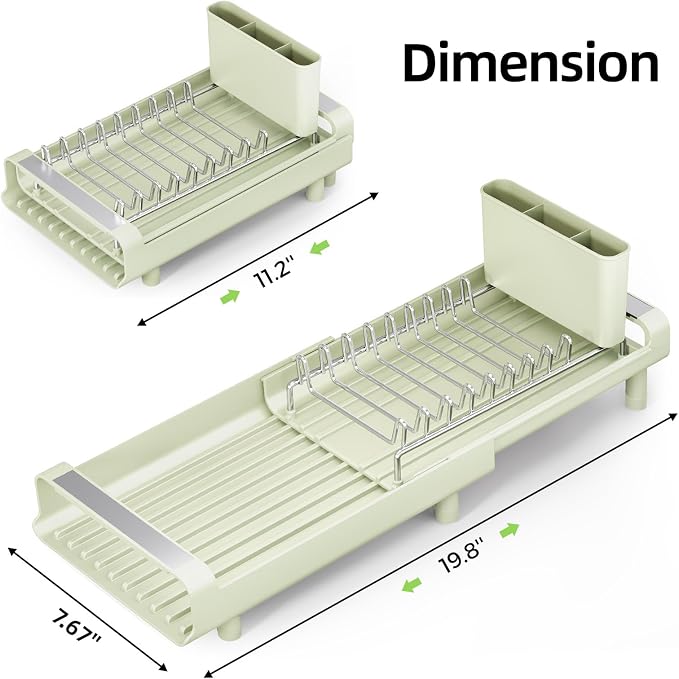 TOOLF Small Dish Drying Rack, Mini Expandable Compact Dish Rack, Slim Extendable Stainless Steel Dish Drainer for Kitchen Countertop, Space Saving Dish Strainer, Soft Celery Green