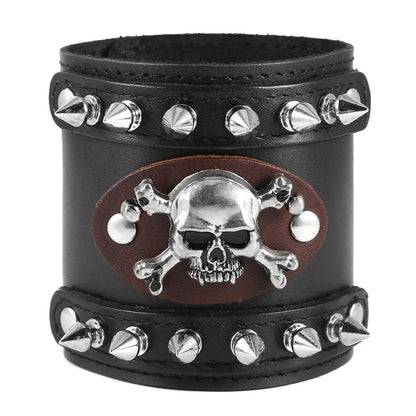 HZMAN Men's Metal Rivet Skull Leather Bracelet Punk Rock Bike Style Wristband Adjustable