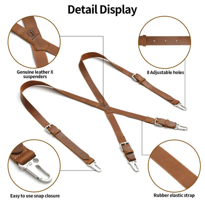 Jack&Chris Genuine Leather X-Shaped Suspenders for Men, Adjustable Heavy Duty Solid 1 Inch Wide Suspenders with Sturdy Clips, Men Accessories For Jeans, Brown