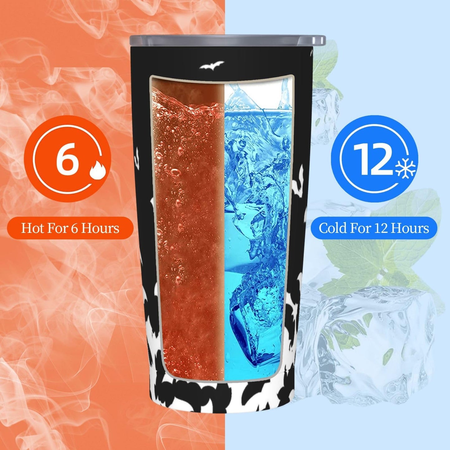 TOUNHEYA Halloween Bat Tumbler with Lid and Straw Black White 20oz Insulated Stainless Steel Cup Animal Travel Coffee Mug Water Bottle for Women Gift for Birthday Christmas