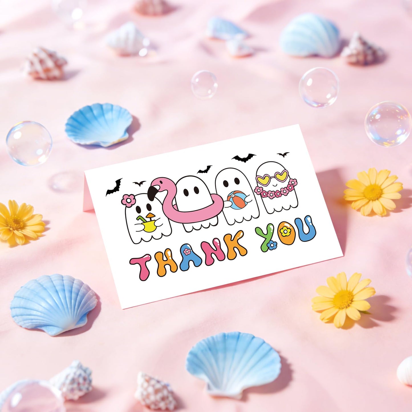 Whaline 24Pcs Summerween Thank You Cards with Envelopes Stickers Blank Greeting Cards Ghost Bat Swimming Ring Note Card for Summer Poor Party Supplies