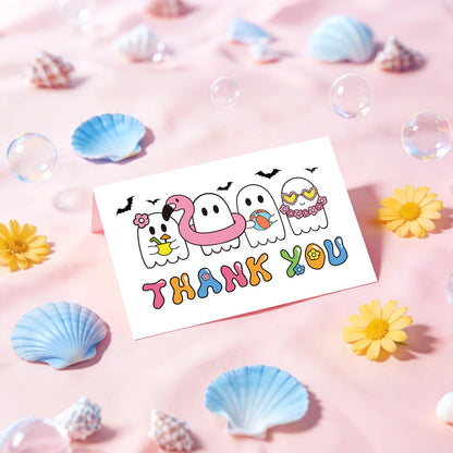 Whaline 24Pcs Summerween Thank You Cards with Envelopes Stickers Blank Greeting Cards Ghost Bat Swimming Ring Note Card for Summer Poor Party Supplies