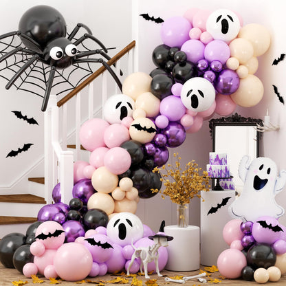 Halloween Balloon Arch Kit, OTLGEUA 127Pcs Pink Halloween Party Decorations Include Black Pink White Purple Balloons Garland, Spider Web, Bats, Ghost Foil Balloon