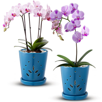 Suclain 2 Pack Orchid Pots with Holes Ceramic Orchid Planters with Drainage Holes and Tray for Root Health Repotting New Plants Air Circulation Indoor/Outdoor Flower Pots(6.5 Inch,Blue)