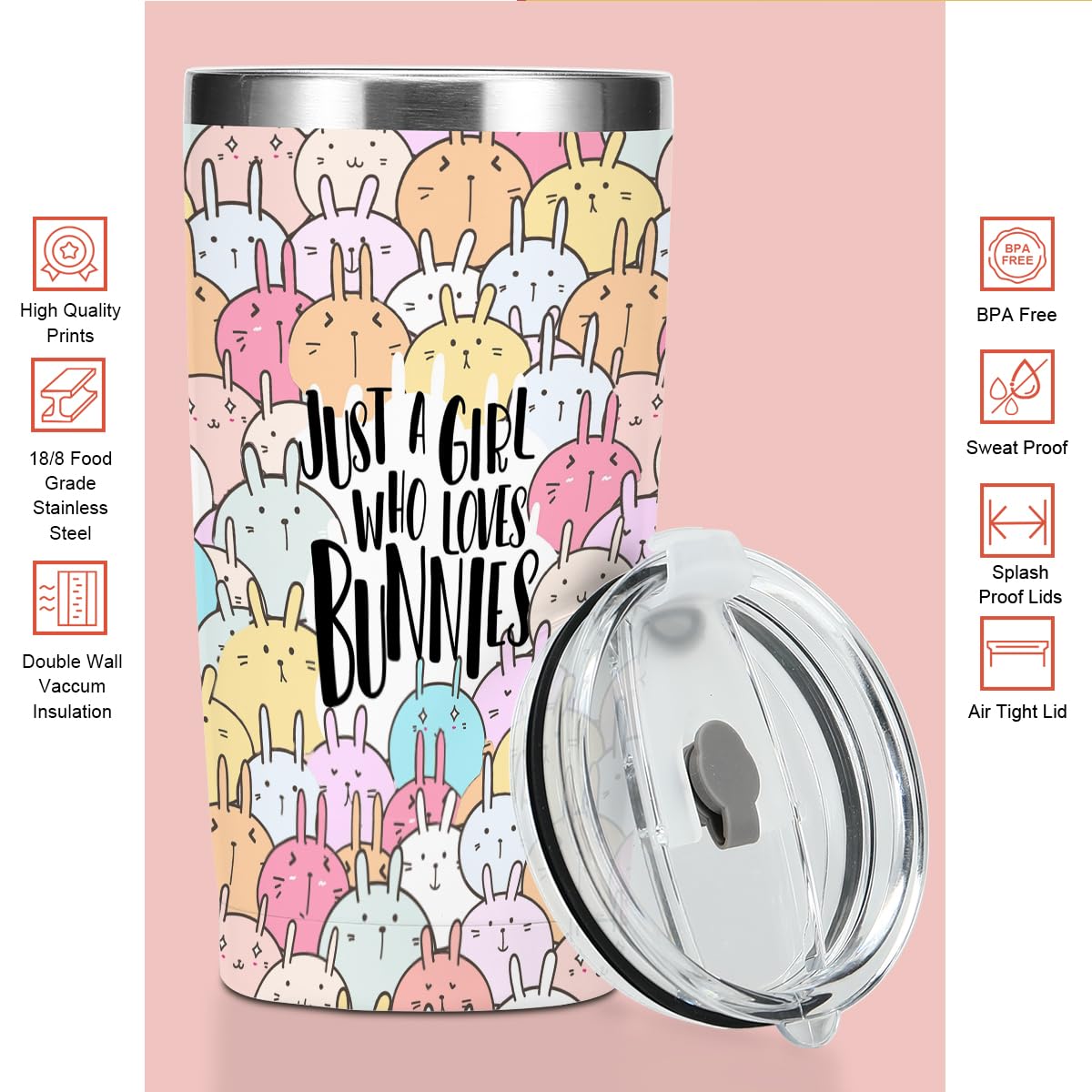 Funny Bunny Tumbler,Bunny Stuff 20 oz Stainless Steel Coffee Mug，Travel Cup，Insulated Cup with Lid for Car, Perfect Gifts for Girl Bunnies Lover Niece Friend Coworker Christmas Birthday