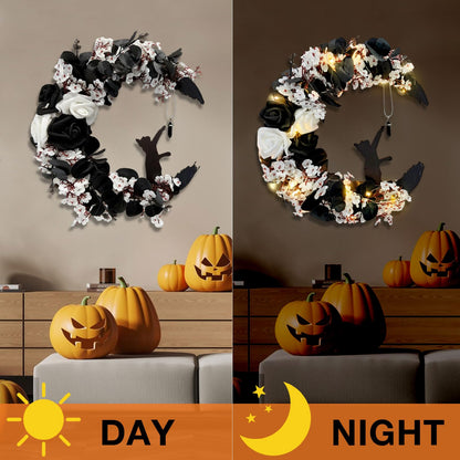 Halloween Wreath Moon Cat Black White Wreath Halloween Decor 13.7in×9.8in