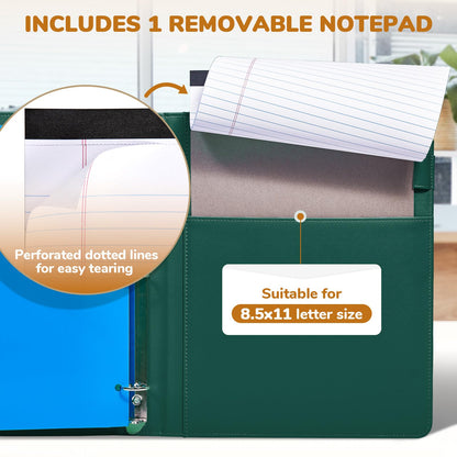 JoyCat 3 Ring Binder Clipboard with Storage,12.4"x10.2"Magnetic Clipboard Folder with 5 Expandable Folders,Refillable Lined Notepad (11" x 8.5"),Ideal for School Office Nursing(Dark Green)