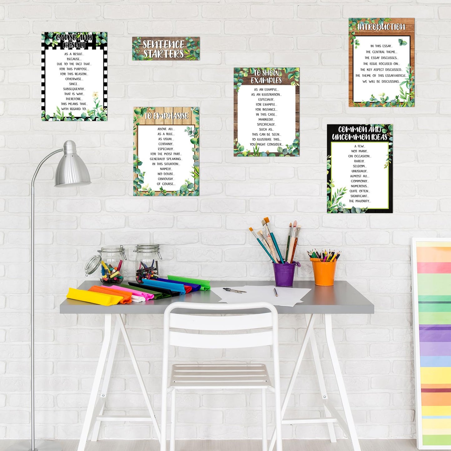 Dunzoom 9 Pieces Sentence Starters Posters Descriptive Vocabulary Classroom Educational Posters English Grammar Chart Bulletin Board Decoration for Middle High School Classroom(Greenery Style)