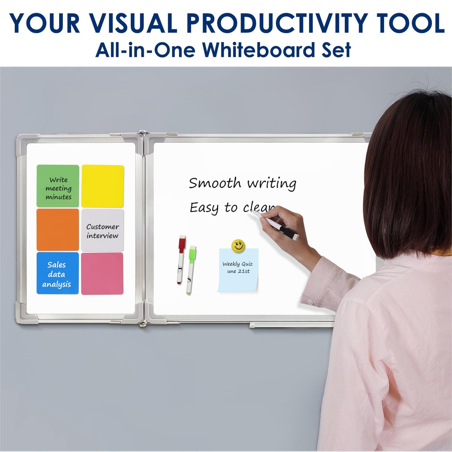 Whiteboard Set - Dry Erase Board 47 x 18 in with 1 Dry Wipe Eraser, 4 Markers, 4 Magnets and 6 Magnetic Notes - Large Wall White Board for Home and Office