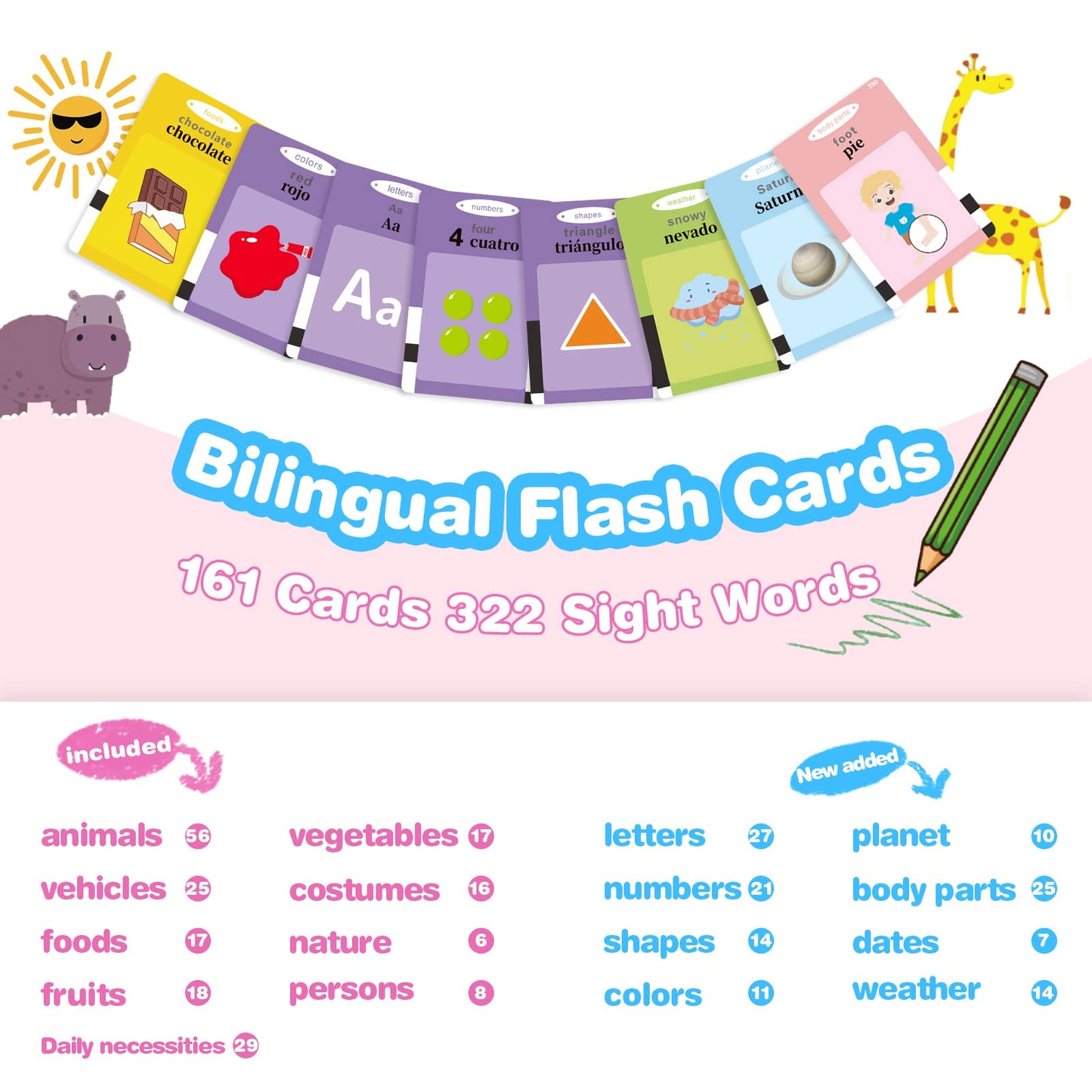 TimingSXD 161 Cards Spanish Flash Cards for Kids,Bilingual Flash Cards for Toddler/Beginning - ABC,Numbers,Colors,Shapes Español/English Talking Flash Cards for Preschool,Kindergarten,Ages 1-8