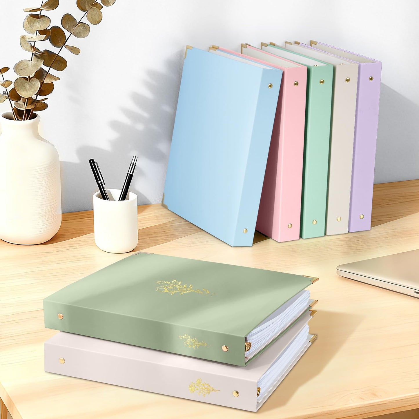 Sooez 2 Pack 3 Ring Binder with Metal Corners, Cute 1 Inch Binders Fits 175 Sheets of Paperwork, Three Ring Recipe Binder with Pocket for Women School Office Supplies, 8.5" x 11", Light Blue & Beige