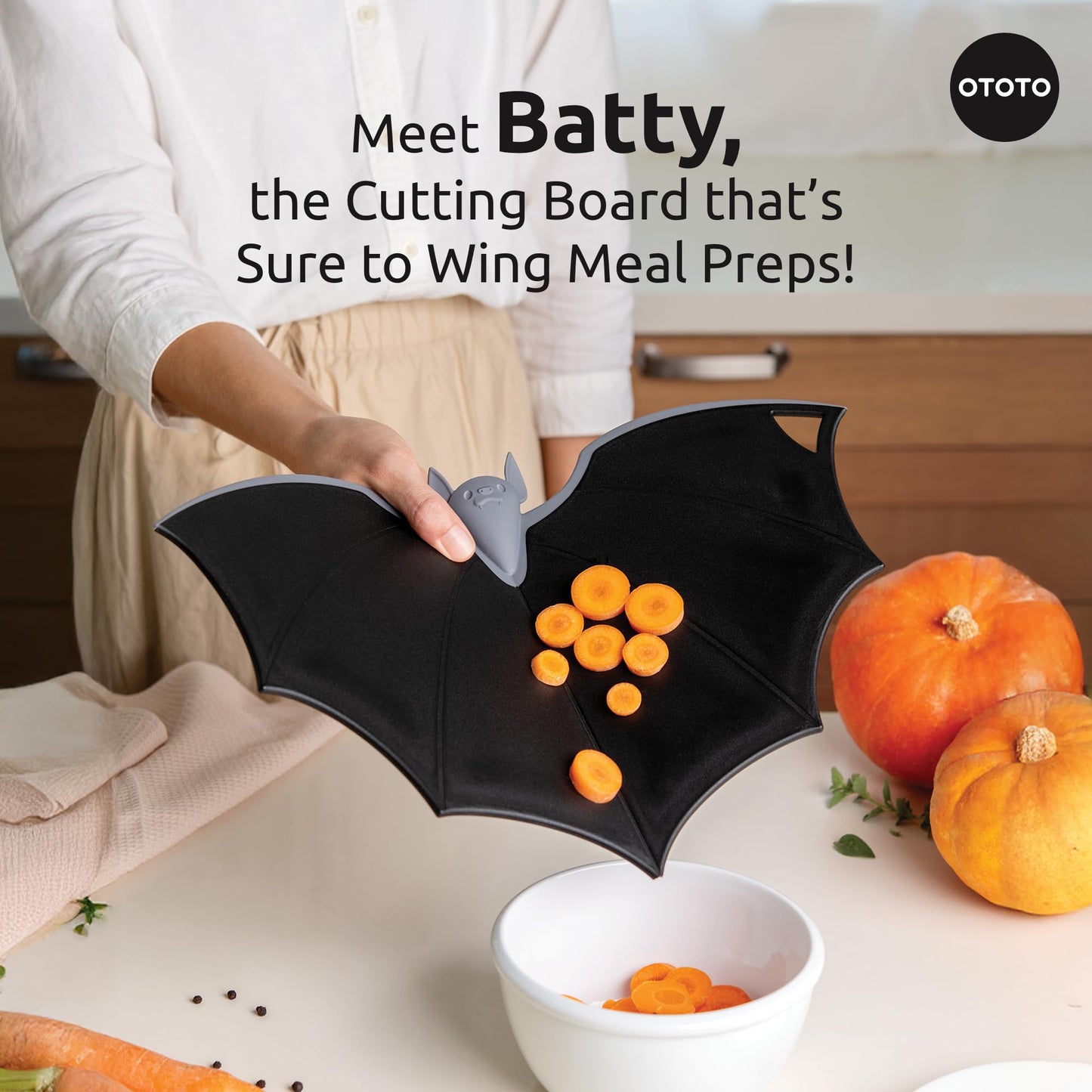 OTOTO Cutting Board - Wooden & Plastic Cutting Boards for Kitchen, Fun & Spooky Kitchen Gadgets, Housewarming & Goth Gifts, Dishwasher Safe (Bat, Plastic)