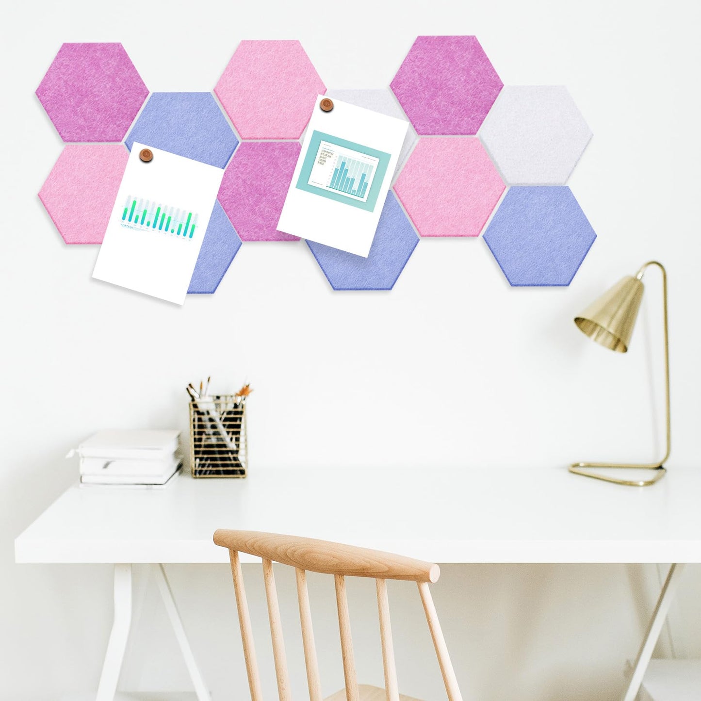 Mindsoft 16 Pcs Hexagon Cork Board for Walls with 50 Wooden Push Pins 6.7 x 5.9 in Felt DIY Tiles Notice with Nano Tape Hanging Bulletin Board for Home Photo Office Memo Note (Pink)