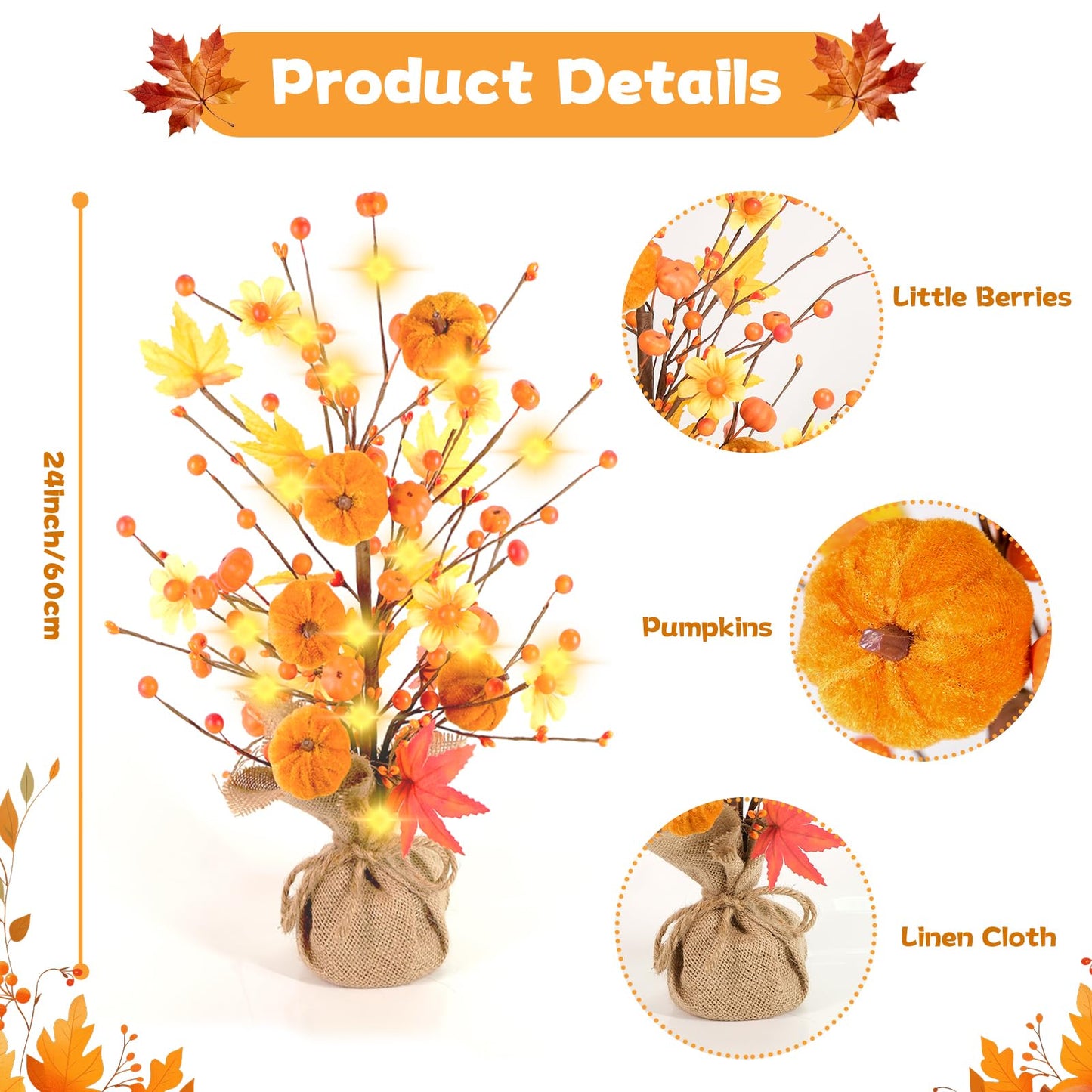jabeick Fall Decorations for Home, 1 Pack 24 Inch Artificial Fall Pumpkin Berry Maple Leaf Tree with Lights for Tabletop Thanksgiving Autumn Harvest Indoor Decor