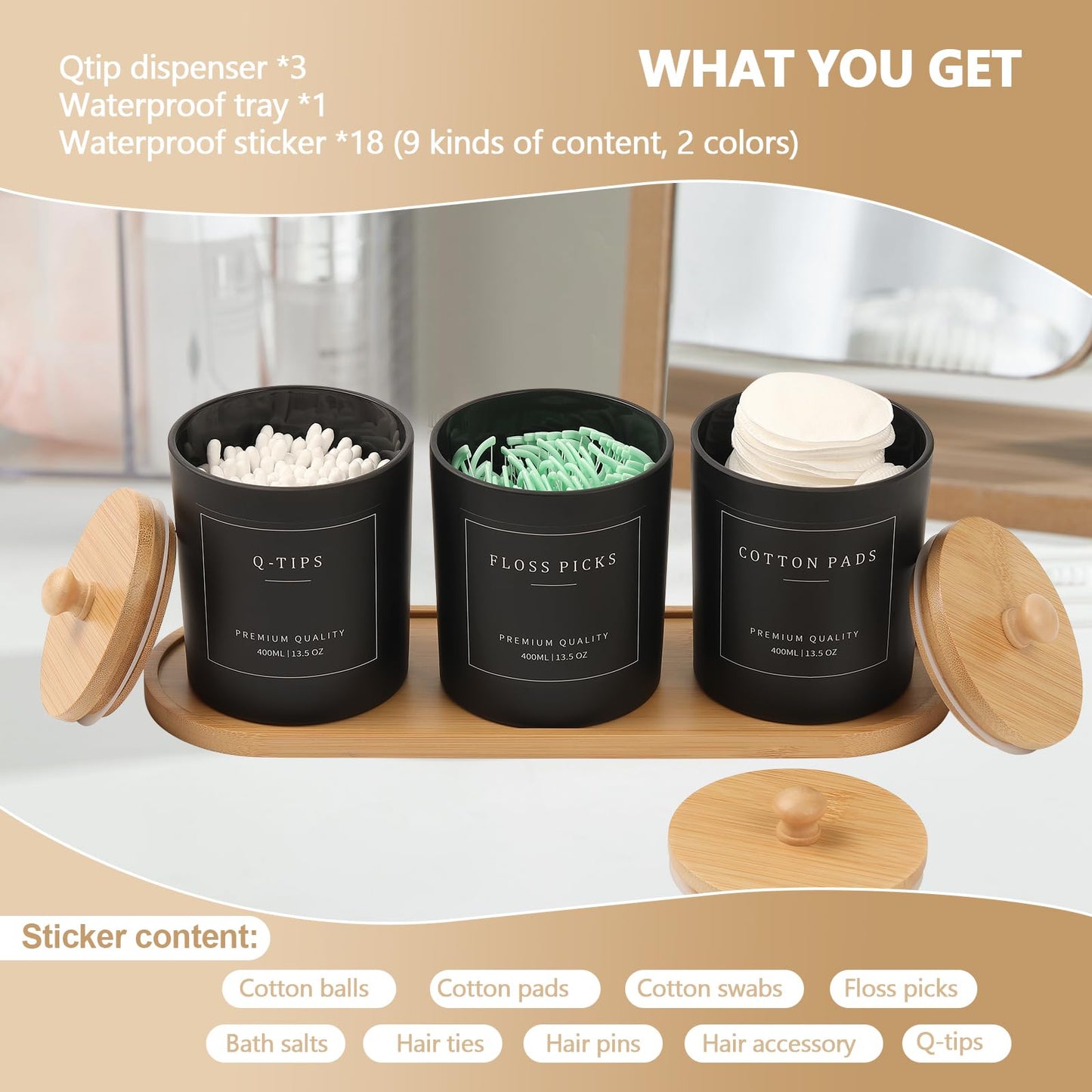 3 Pack Qtip Holder - Bathroom Organizers and Storage, Cotton Round Pad Dispenser Floss Pick Holder with Tray, Glass Apothecary Jars with Lids, Cotton Ball Container - Black
