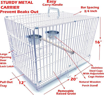 Travel and Vet Bird Parrot Beaks Proof Metal Cage Carrier Easy Foldable Clean with Stainless Bowls and Wooden Stand Perch