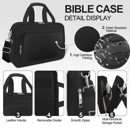 LAOTANGJIA Large Bible Cover Case for Mens Boys Women Organizer, Church Bag Book Carrying Case with Highlighters Shoulder Strap Pens Cross Clip Study Supplies Journaling Kit, Christian Gifts Black