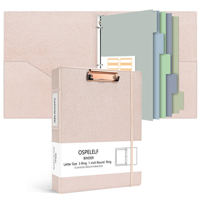 Ospelelf 3 Ring Binder with Clipboard, 1 Inch Leather, Letter Size (8.5" x 11"), Clipboard Binder with 5 Tab Dividers, Rose Gold