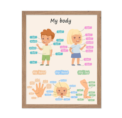 Poster Master My Body Poster - Body Parts Print - Learning Materials Art - Educational Art - Gift for Kids, Students & Teacher - Wall Decor for Playroom, Classroom or Library, 11x14 Beige Framed