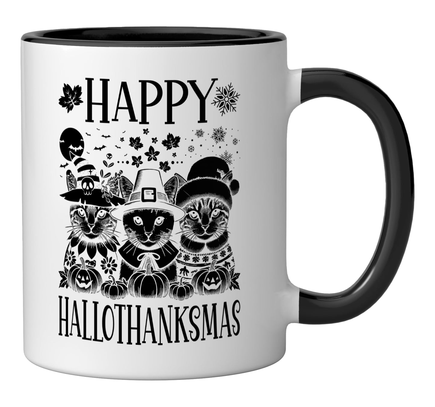 Happy Hallothanksmas Halloween Thanksgiving Christmas Cats Ceramic Mug, Black/White