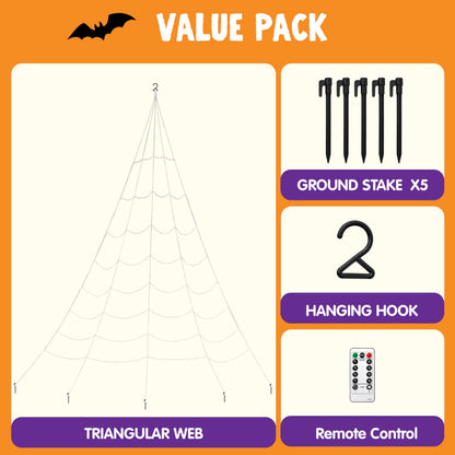 JOYIN Light-up Halloween Spider Web Decoration Outdoor, 19.7 x 14.7 FT Giant Triangular Web with LED Lights, Timer Cobweb Decor with 8 Lighting Modes for Indoor Yard Porch Haunted House Prop