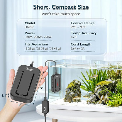 hygger 25-35 Gallon Short Fish Tank Heater, 150W 200W 250W Adjustable Submersible Aquarium Heater with Digital Display Controller, Run Dry & Overheating Protection