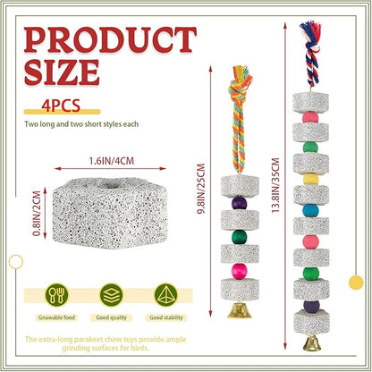 4 Pack Parrot Chewing Toys, Bird Beak Grinding Calcium Stone with Bell, Lava Mineral Block Cage Accessories for Parakeet Budgie Macaw Cockatoo Cockatiel Rat, Long+ Short