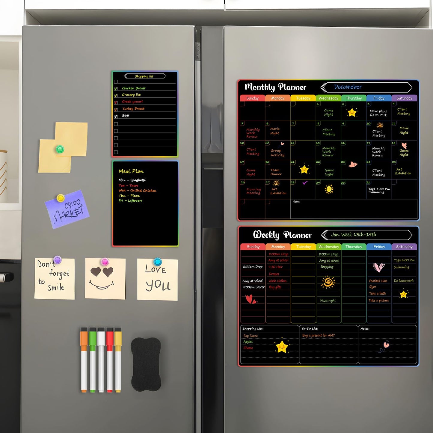 MaxGear 4 Pack Black Magnetic Fridge Calendar Set, 15x11.5 Dry Erase Chalkboard Calendar Whiteboard for Refrigerator, Includes Monthly, Weekly, List & Small Board with 5 Markers, 1 Eraser, 5 Magnets