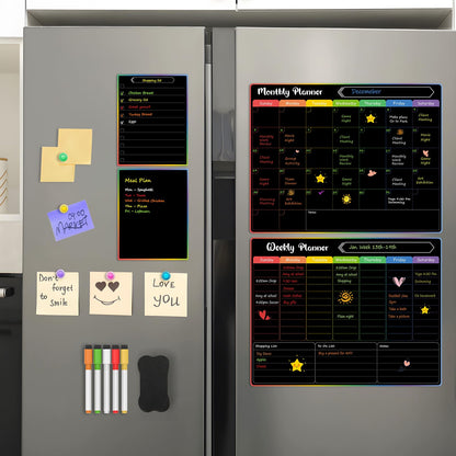 MaxGear 4 Pack Black Magnetic Fridge Calendar Set, 15x11.5 Dry Erase Chalkboard Calendar Whiteboard for Refrigerator, Includes Monthly, Weekly, List & Small Board with 5 Markers, 1 Eraser, 5 Magnets