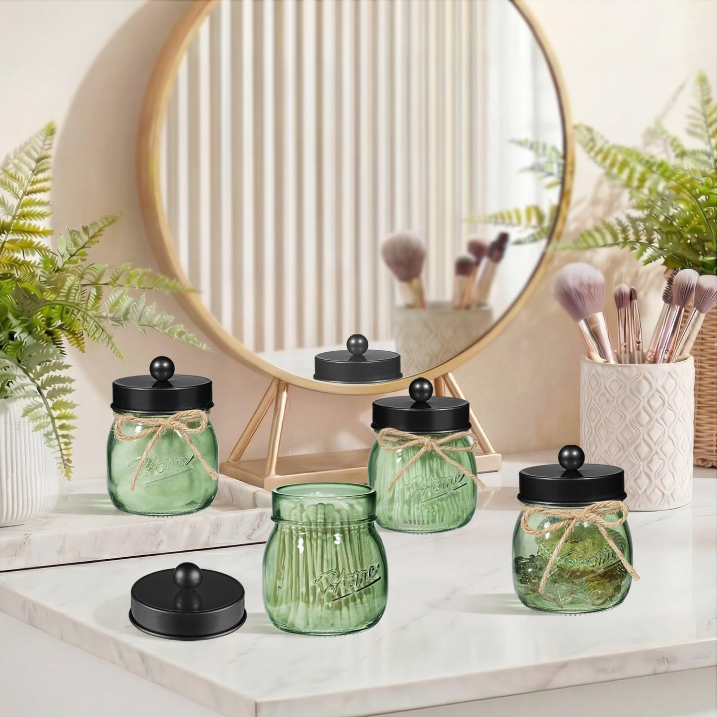 SheeChung Green Glass Qtip Holder Dispenser, Mason Jar Apothecary Jars with Lids, Bathroom Organizers and Storage, Vanity Countertop Canisters Set for Cotton Swab, Ball, Pad, Floss Pick-Black, 3 Pack