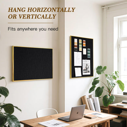 QUEENLINK Linen Bulletin Board 36" x 24", Black Fabric Pin Board with Gold Aluminum Frame, Decorative Vision Board for Home Office, Bedroom & Dorm Wall Decor, Includes 10 Push Pins