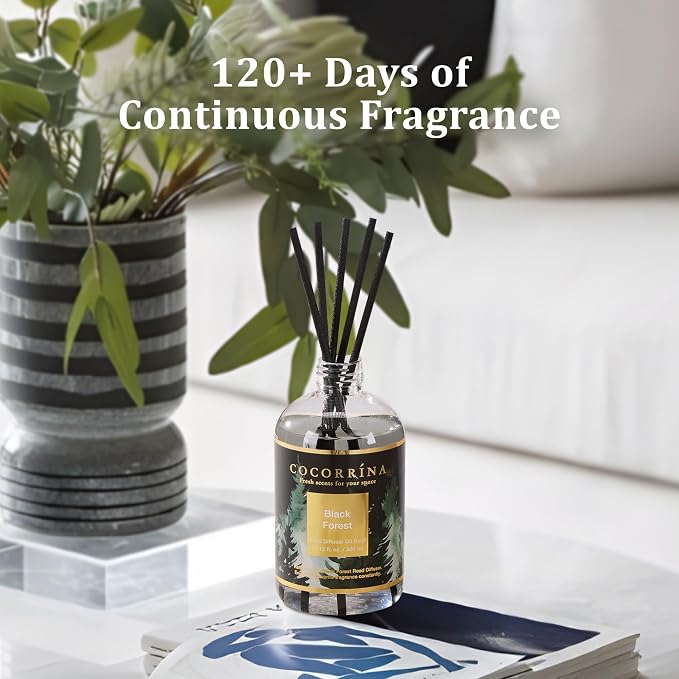 Cocorrína Reed Diffuser Refill Black Forest 10.14oz (300ml) with 8 Sticks - Premium Long-Lasting Floral Essential Oil, Home Fragrance for Bedroom, Bathroom Home Decor