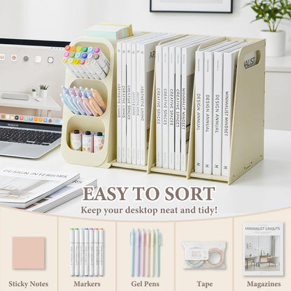 SAYEEC Collapsible Magazine File Holder Plastic Binder Holder for Desk Upright Desktop File Organizer with Pen Holder Vertical Folder Organizer Sturdy Magazine Book Rack Storage Box for Office Home