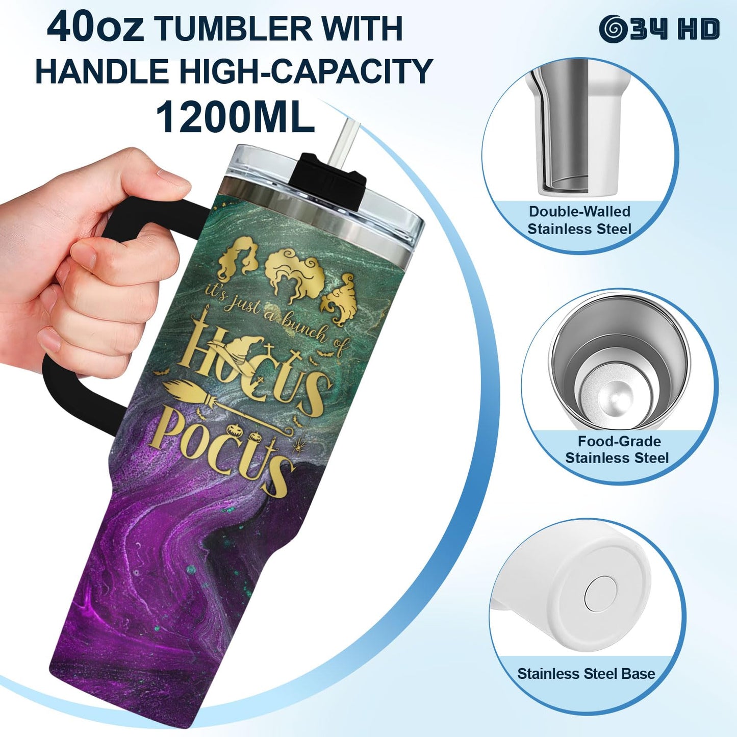 34HD Hocus Witch Tumbler 40oz with Handle Straw, Engraved Glorious Morning Stainless Steel Insulated Travel Coffee Cup - Spooky Birthday Gift for Festival Fans, Him Her & Movie Lovers