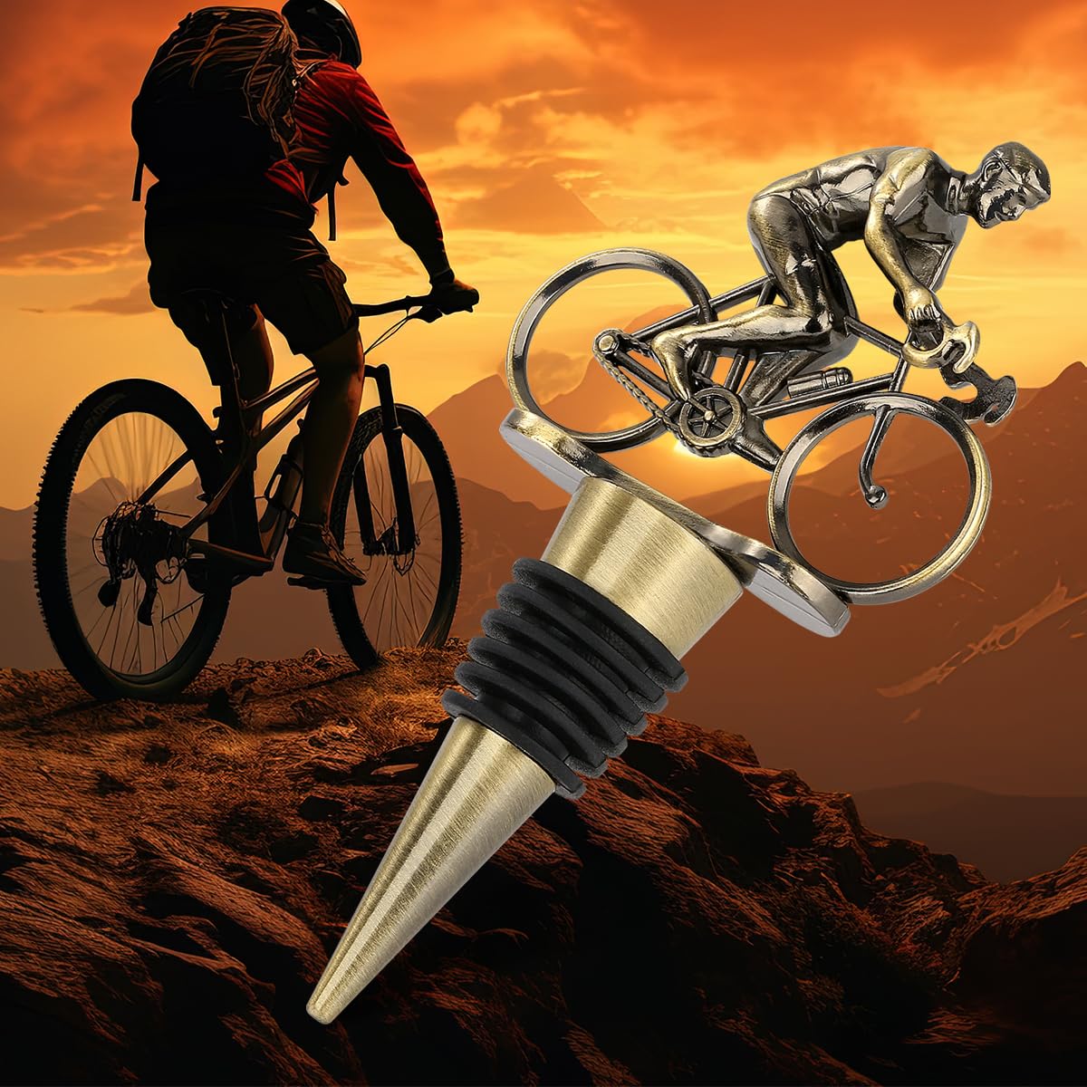 LULLEA Cycling Wine Bottle Stopper, Bicycle Gifts Cyclist Gifts Wine Gifts for Father's Day, Christmas, Birthday, Bronze Bottle Stopper for Wine and Champagne with Bag