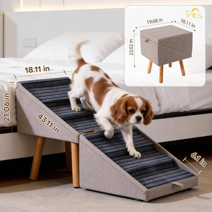 Dog Stairs for Small Dogs, 2-in-1 Pet Steps & Ottoman | Foldable Dog ramp for Couch, Non-Slip Wooden Pet ramp for Puppy Senior Injured Dogs (Light Brown, XXL(21.06H))