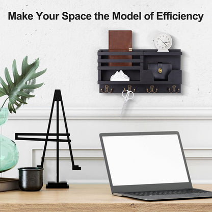 Lwenki Mail and Key Holder for Wall – Decorative 15.9” x 8.7” x 3.2” Entryway Organizer with Shelf – Paulownia Wood with 4 Dual Hooks Includes Mounting Hardware and Installation Guide