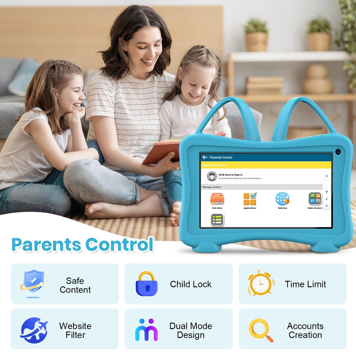 Kids Tablet 7 Toddler Children's Learning Tablet with WiFi, YouTube, Parental Control, Durable Case Education Learning Apps for Boys Girls (Blue)