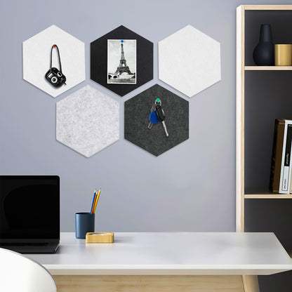 8 Packs Black White Gray Hexagon Felt Pin Board, 12" Bulletin Board with 30 Push Pins, Felt Board for Home Kitchen Office Decor, Self-Adhesive Corkboard Tiles for Walls School Message Photos Memos