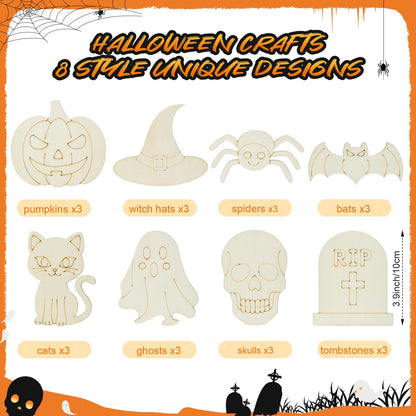 Bafeil 24-Set Halloween Painting Crafts 4", Wooden Cutouts Arts and Crafts, DIY Wooden Fridge Magnets Halloween Party Supplies, Party Favors Gifts Family School Activities Games Goodie Bag Stuffers