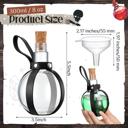 Baderke 3 Set 8 oz Plastic Potion Bottle with Cork Stopper Cosplay Accessories with Leather Belt Witch Cosplay Props Decorative Round Spherical Bottles for Halloween Party Decorations (Black)